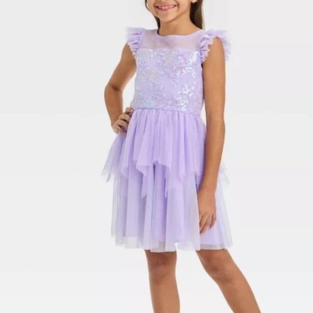 New  Girls' Embroidered Sequin Dress Flutter Sleeves Mesh Fairy Skirt ~ Lavender